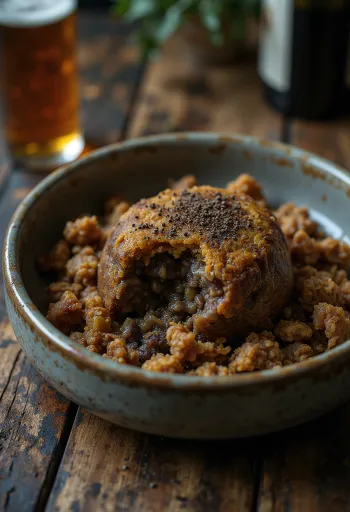 Haggis vadhússal, tálalva krumplipürével és párolt zöldségekkel