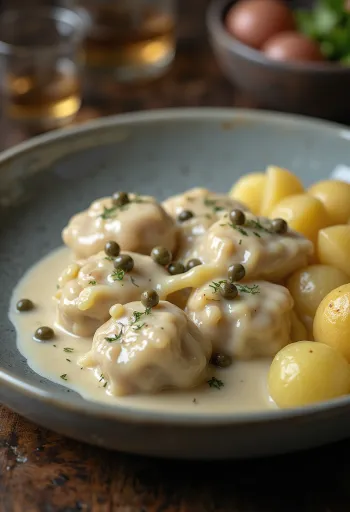 Königsberger Klopse tálalva kapribogyós szósszal