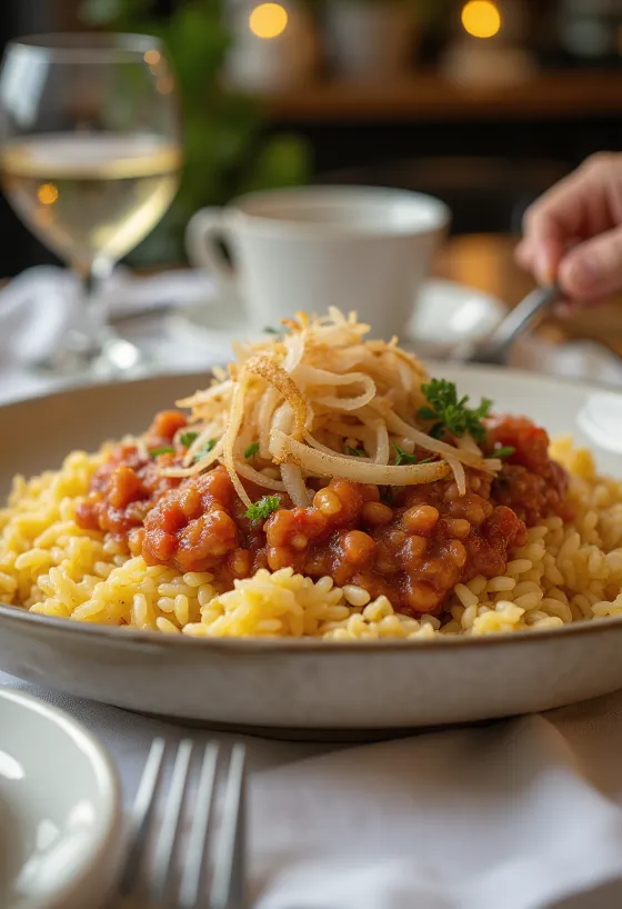 Klasszikus Koshari, egyiptomi étel rizsből, lencséből és makaróniból, gazdag paradicsomos szószban