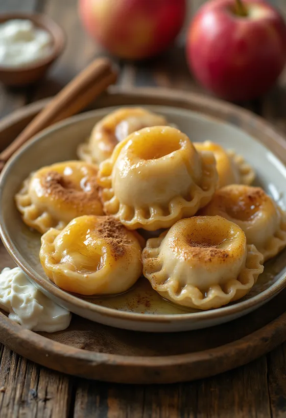 Lengyel almás-fahéjas pierogi porcukorral és tejföllel tálalva