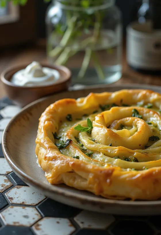 Medvehagymás burek tálalva