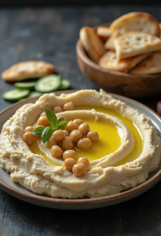 Meze hummusszal, friss zöldségekkel és pirított pitával tálalva