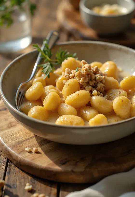 Mézeskalácsos és tejszínes gnocchi tálalva