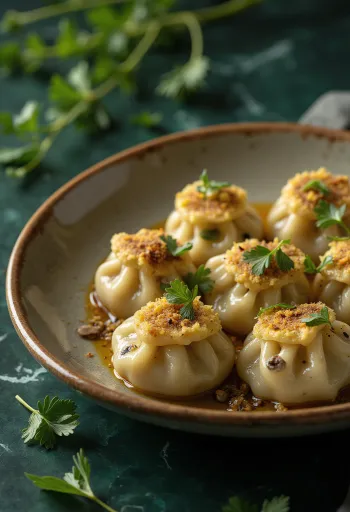 Orosz vegetáriánus pelmeni tejföllel tálalva