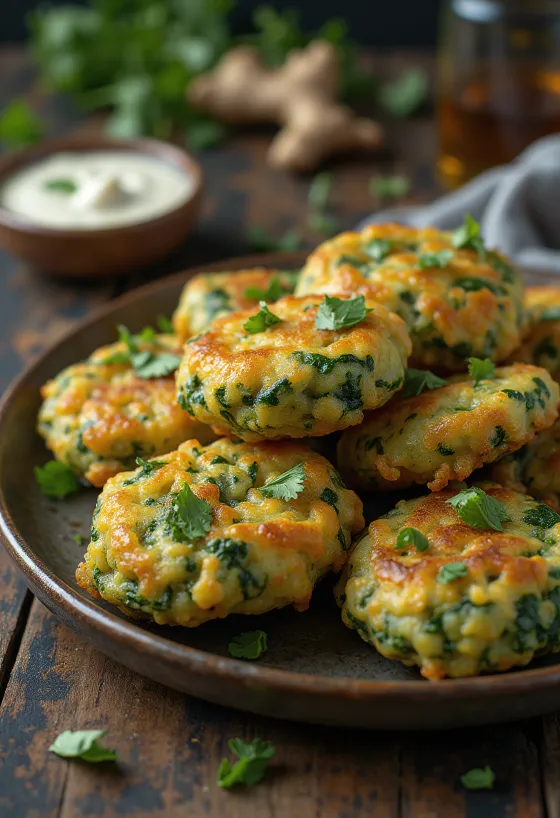 Pakora spenóttal, aranybarna és ropogós falatkák tálalva