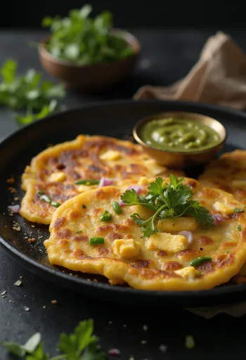 Paneer chilla, ropogós tésztával és friss zöldségekkel tálalva