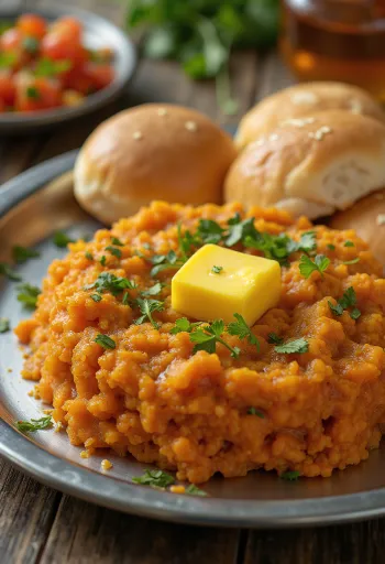Pav Bhaji jain módra, gazdag zöldséges curry és pirított pav zsömlével tálalva