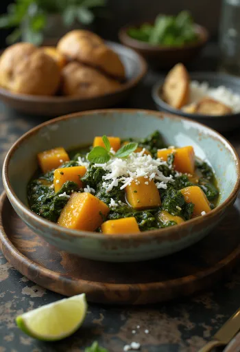 Pumpkin Palak Kootu, indiai étel gazdag zöldségekkel és fűszerekkel.