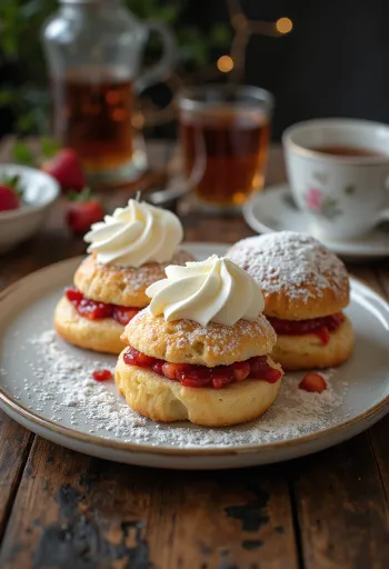 Semla eperlekvárral és tejszínhabbal, porcukorral megszórva