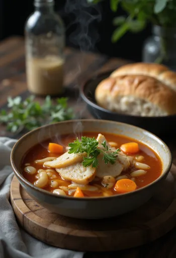 Soto Babat (pacalleves) tálalva, pacallal és fehérbabbal