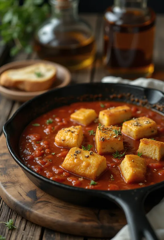 Sült tofu fűszeres paradicsommártással tálalva