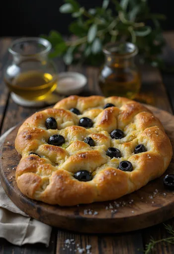 Szardellás és olívás focaccia tálalva