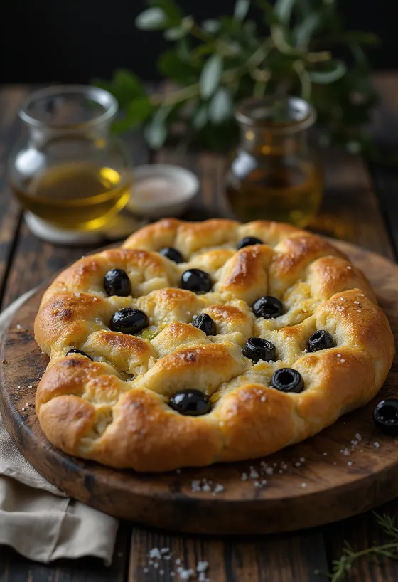 Szardellás és olívás focaccia tálalva