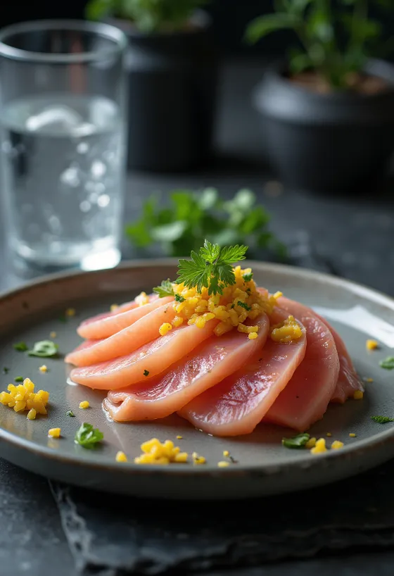 Tiradito gluténmentes, friss hal lime-lével és chilivel tálalva