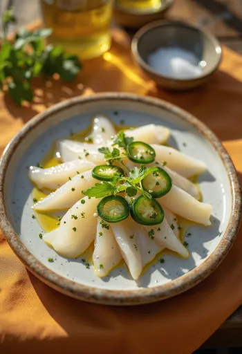 Tiradito jalapeñóval, lime-mal és korianderrel tálalva