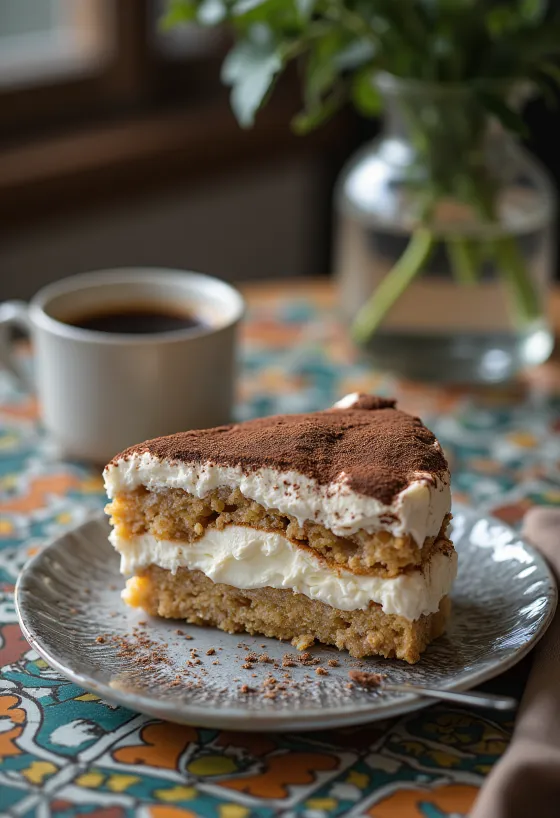 Krémes tiramisu torta rétegezett kávés piskótával és mascarpone krémmel, kakaóporral megszórva.