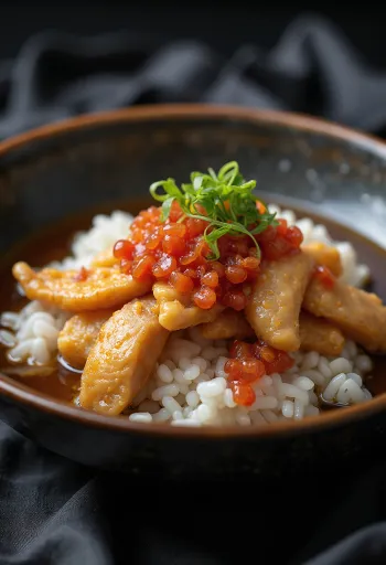 Umeboshi savanyított szilva töltelékű Oyakodon, csirkehússal, tojással és rizssel tálalva