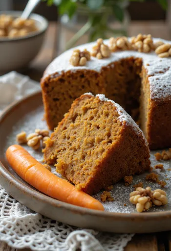 Vegán répatorta tálalva dióval és porcukorral