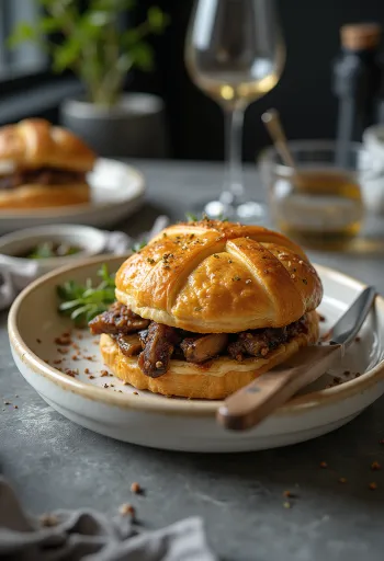 Frissen készült Wellington hamburger leveles tésztában, gombával és dijoni mustárral