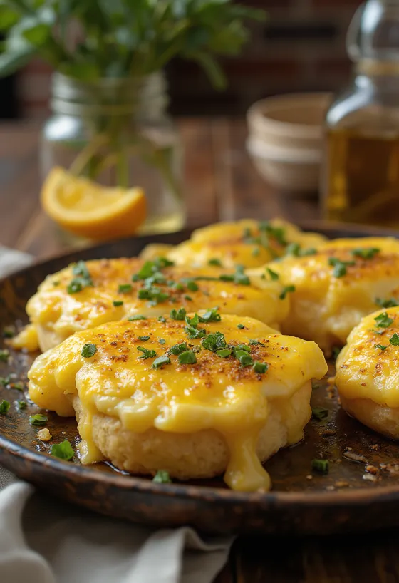 Welsh rarebit fokhagymával tálalva, sajtos szószban, pirítós kenyér tetején, friss fokhagyma darabokkal