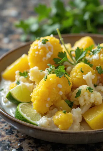 Aloo gobi kókusztejjel tálalva, díszítve korianderrel