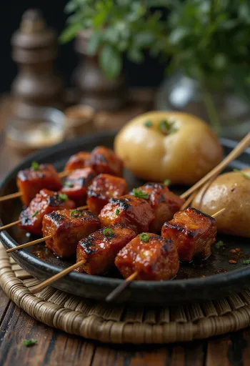 Anticuchos nyársak tálalva grillezett zöldségekkel