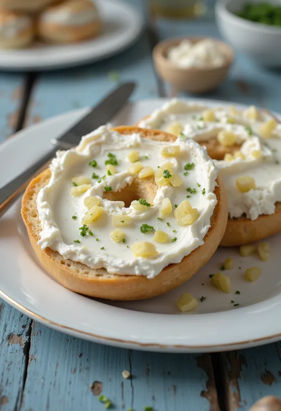 Bagel fokhagymával és krémsajttal, friss petrezselyemmel díszítve