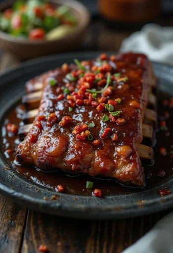 BBQ bordák csípős szósszal tálalva