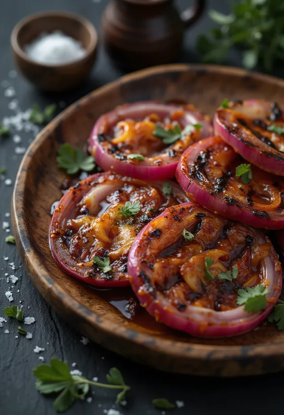 BBQ grillezett pirított paprikás lilahagyma tálalva