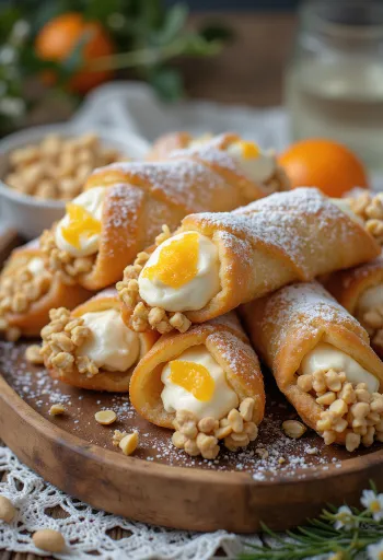 Gluténmentes cannoli sütemények tálalva, cukorral megszórva
