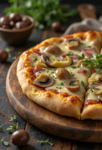 Capricciosa pizza füstölt sajttal tálalva