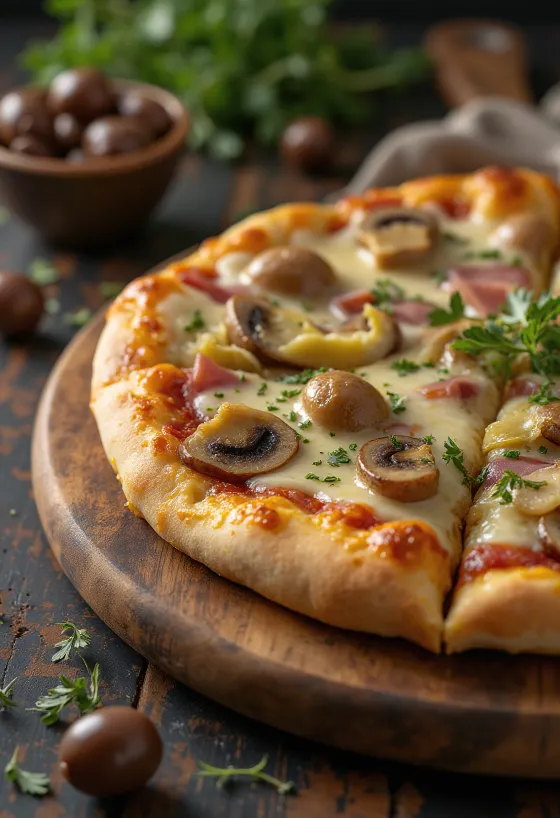 Capricciosa pizza füstölt sajttal tálalva