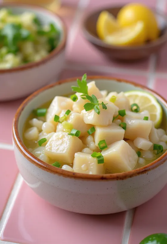Ceviche de Pescado Blanco tálalva lime-lével és avokádóval