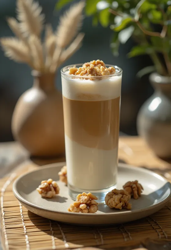 Krémes diós latte csészében diódarabokkal