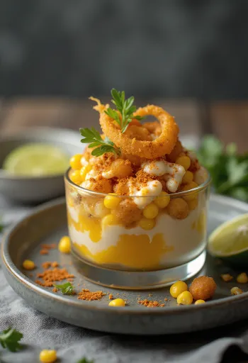 Esquites pirított hagymával, tejföllel és korianderrel tálalva