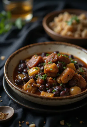 Feijoada füstölt babbal, gazdag húsokkal és friss zöldségekkel tálalva