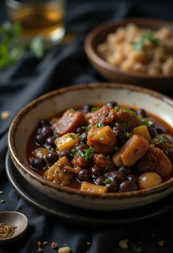 Feijoada füstölt babbal, gazdag húsokkal és friss zöldségekkel tálalva