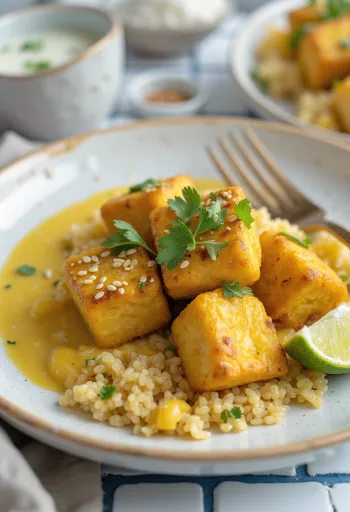 Fokhagymás tofu quinoa curryvel