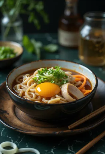 Gomoku udon zöldségekkel és hússal, tojással tálalva