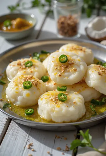 Idli fűszeres olívaolajjal tálalva