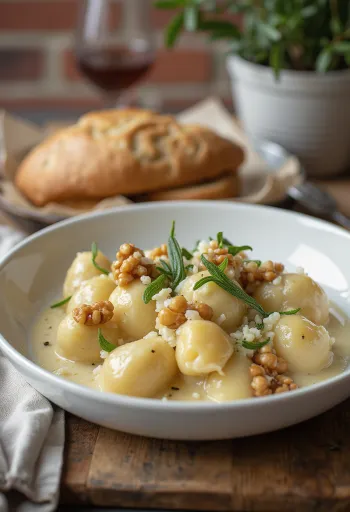 Kecskesajtos-diós gnocchi tálalva