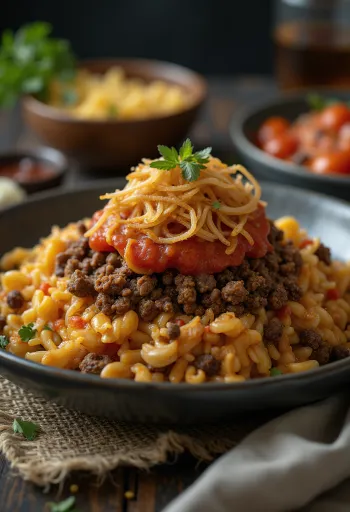 Koshari marhahússal, egyiptomi étel rizsből, lencséből és makaróniból, gazdag paradicsomos szószban