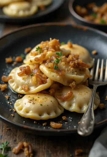 Lengyel gombás pierogi tejföllel tálalva