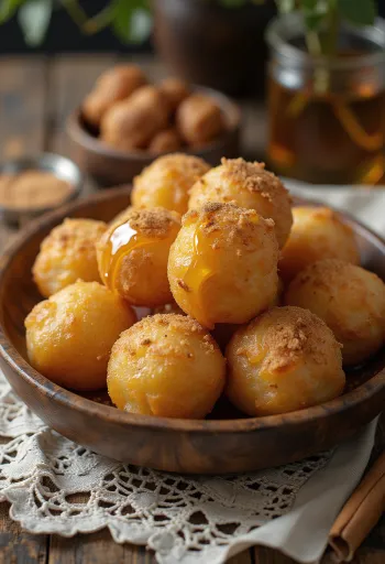 Loukoumades fahéjas cukorral és mézzel tálalva