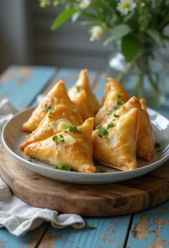 Medvehagymás-sajtos samosa tálalva