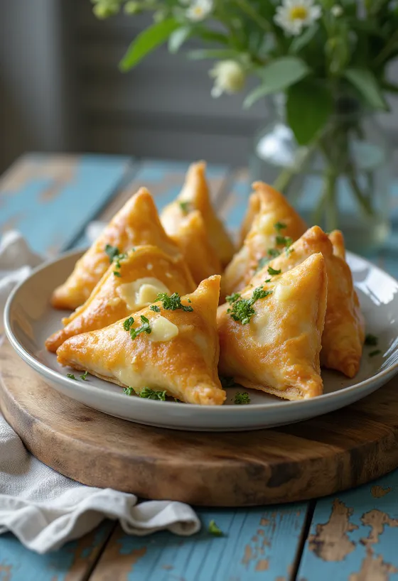 Medvehagymás-sajtos samosa tálalva