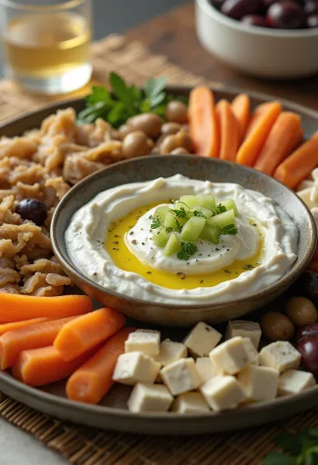 Meze tzatzikivel tálalva, friss zöldségekkel és feta sajttal