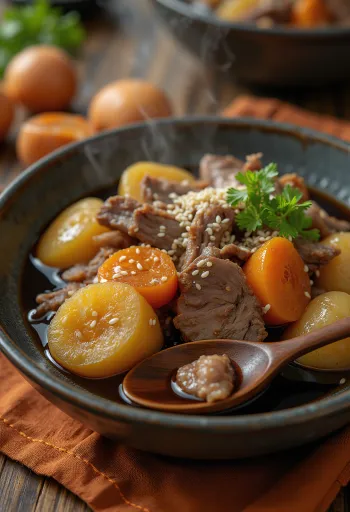 Niku Jaga szójaszósszal tálalva, friss zöldhagymával és szezámmaggal