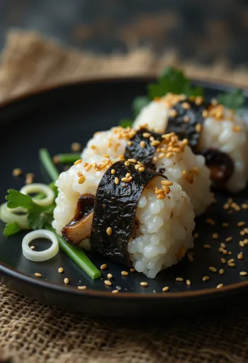 Omusubi miso gombával, japán rizsgömbök miso gombás szósszal és szezámmaggal
