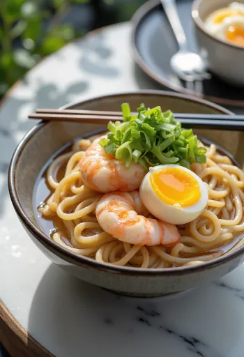 Onsen Tamago udon levesben friss tojással, garnélával és tenger gyümölcseivel tálalva
